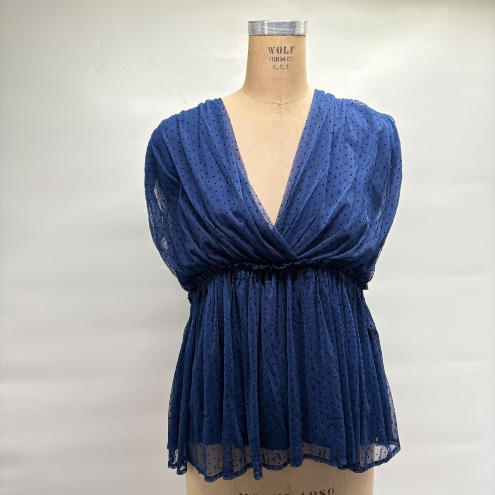 Anthropologie‎ Navy Blue Polka Dot Mesh V-Neck Peplum Tie Back Blouse L Parisian